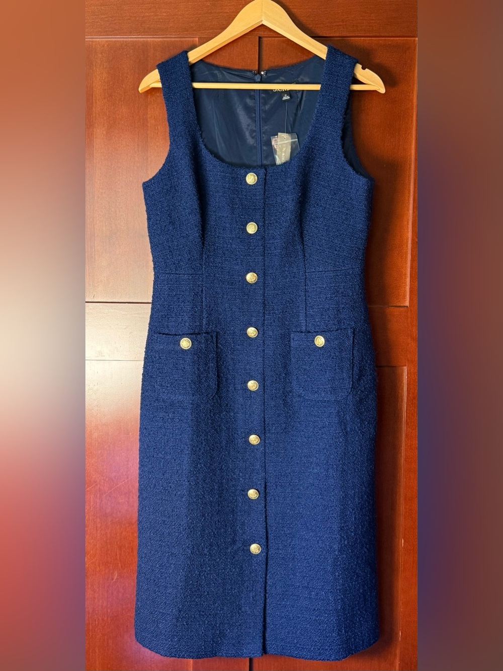 NWT J. Crew Sophia Sleeveless Tweed Midi Dress Navy Blue Gold Buttons Size 10